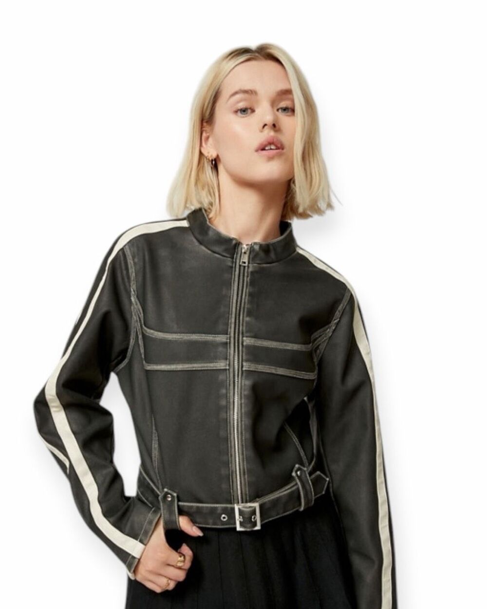 URBAN OUTFITTERS Jordan Vegan Leather Racer Moto Jacket Black Belted Large